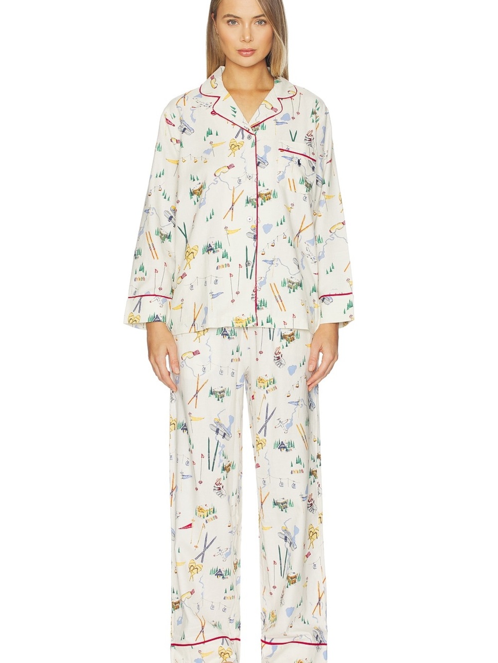 Ralph Lauren Cream Ski Print Pajama Set with Pink Piping